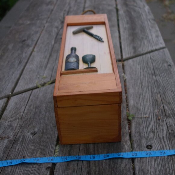 Wood Wine Bottle Carrying Box w/ Rope Handle with Corkscrew & Wine Bottle Design - Picture 6 of 16